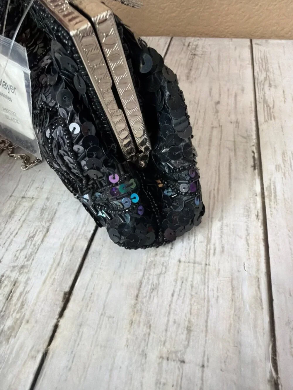 Y2K Max Mayer Black Beaded Sequin Evening Bag Clutch Kiss Lock Chain Strap NEW - Picture 5 of 14